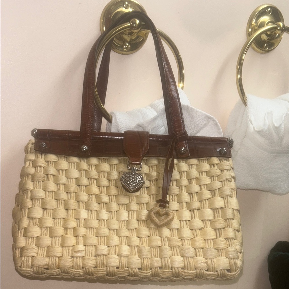Brighton Tan Woven Tote with Brown Leather Trim
